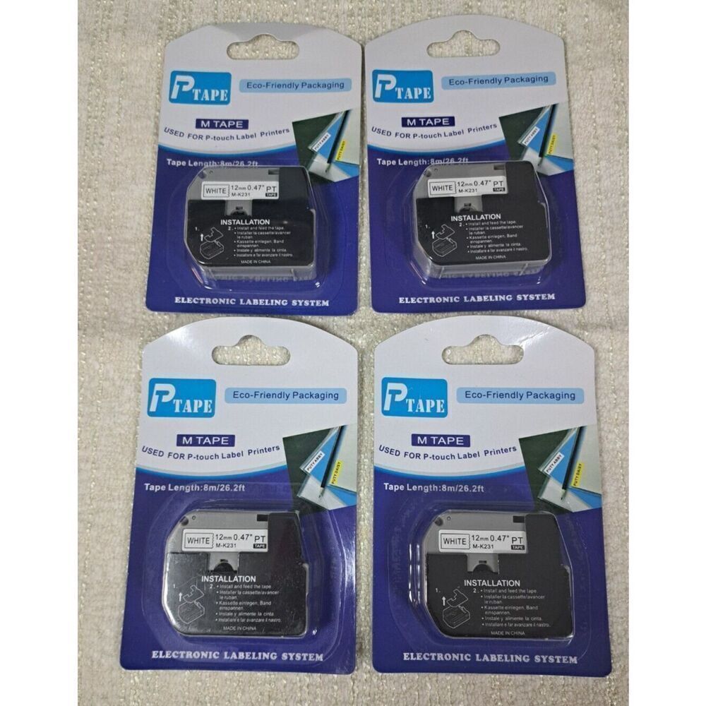 Tape for P Touch Electronic Labelers M‎ Tape Black on White 4 Packs
